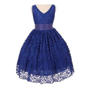 Infant Toddler Girls Lace Dress V Shape Pearl Flowers Girls Floral Dress Royal
